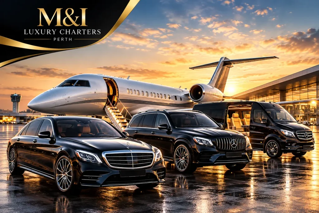 Luxury chauffeur cars and private jet at sunset for M&I Luxury Charters in Perth